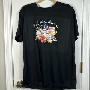 Black short sleeved tee shirt with flag/flowers. God Bless America. 100% polyest